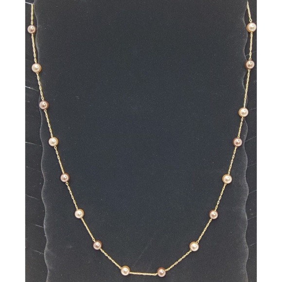 Roman RMN Signed Faux Taupe Champagne Pearl Thin Gold Necklace 30 Inch Vintage - Picture 1 of 8